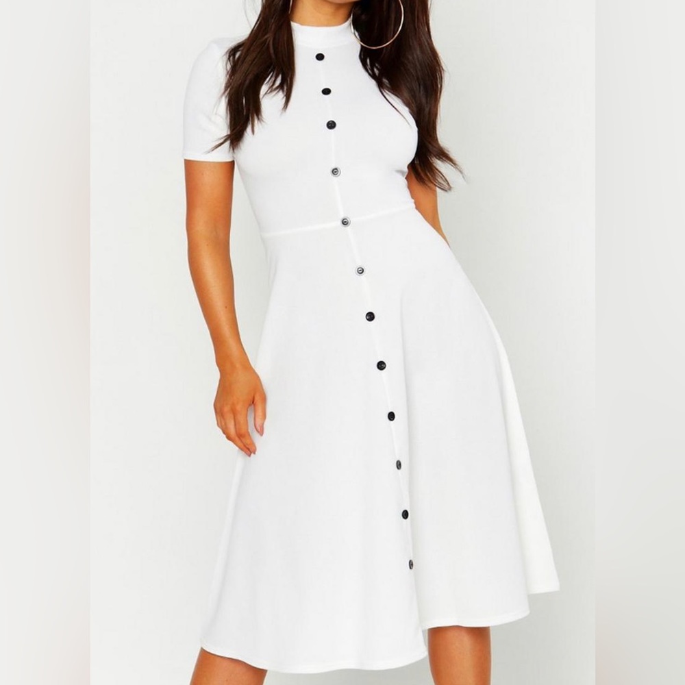 High Neck Button Detail Skater Dress